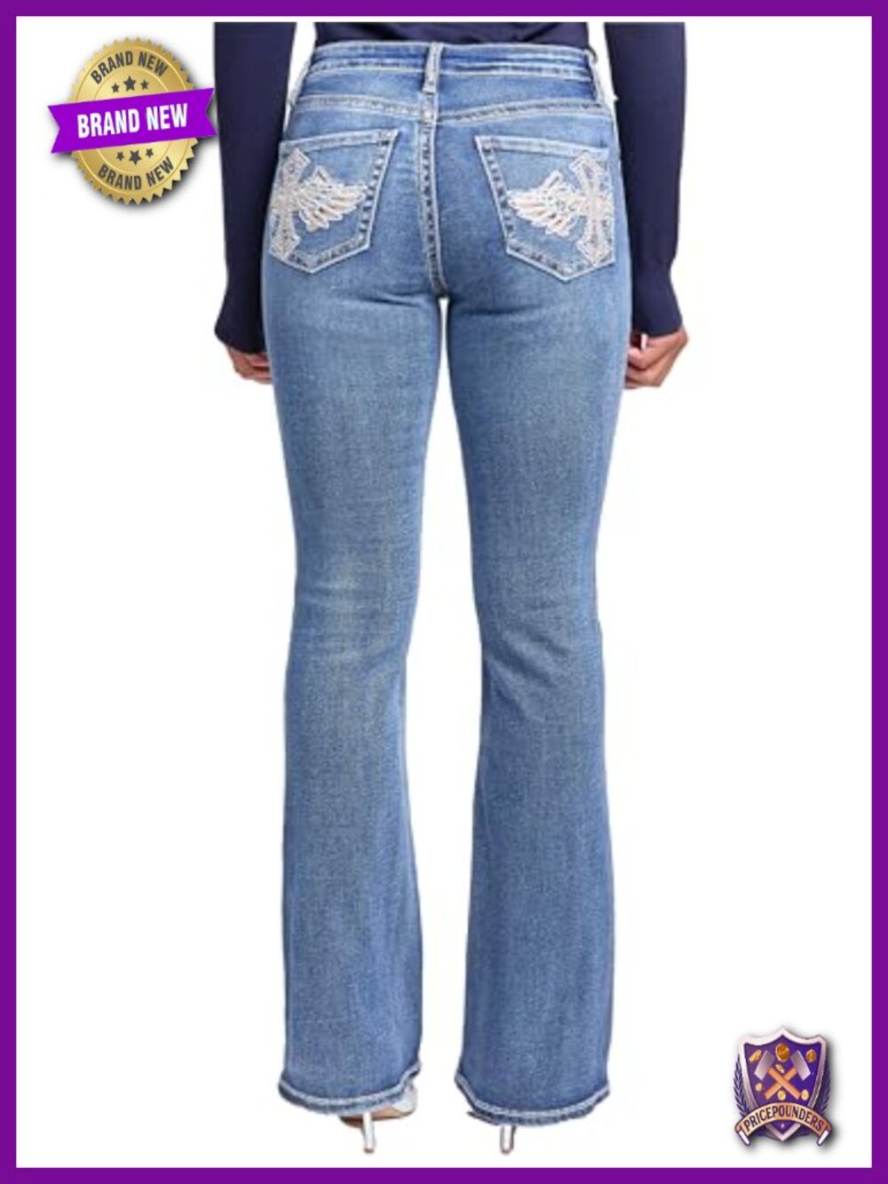 Mid Rise Heavy Stitch Bootcut Cross Studded Jeans - Picture 2 of 6
